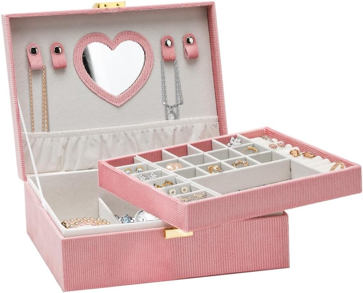Sieradenbox voor Meisjes met 2 Niveaus - Opbergdoos voor Ringen, Oorbellen, Armbanden en Kettingen, Perfect als Cadeau voor Kerst, Verjaardag of Nieuwjaar, Roze