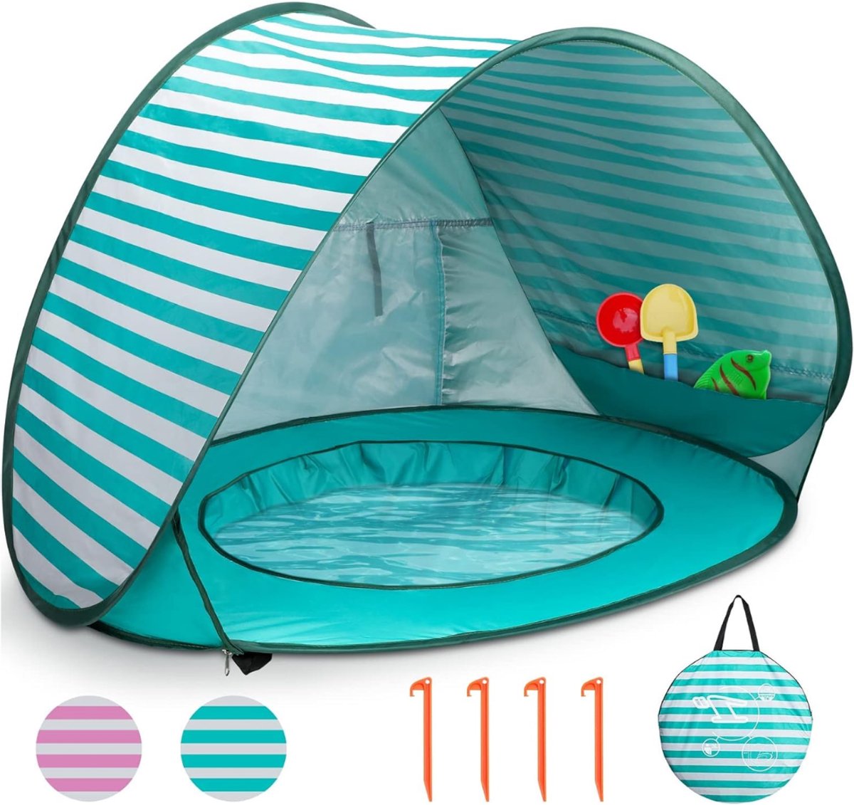 Zavio® Strandtent UV Bescherming - Strandtent Baby Pop Up – Strandtentje Extra Licht –Groen met wit