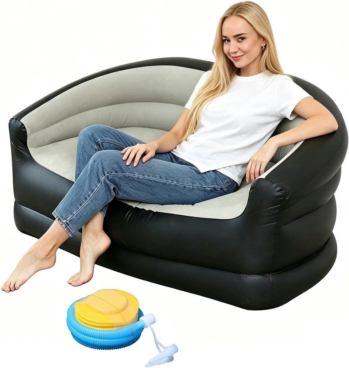 Opblaasbare 2-zitsbank met voetpomp, ideaal voor kamperen en buitengebruik, comfortabel en draagbaar voor woonkamer, balkon en tuin (bruin)