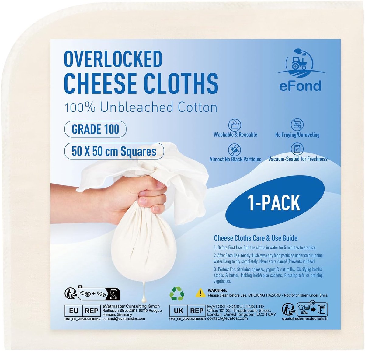 SnelShoppen - eFond Kaasdoek Passdoek 1 Stuk 50 x 50 cm Vierkanten Met Overlockzoom Ultra Fijn Gaas Voor Het Persen Van Boter, Notenmelk, Yogurt, Kaas