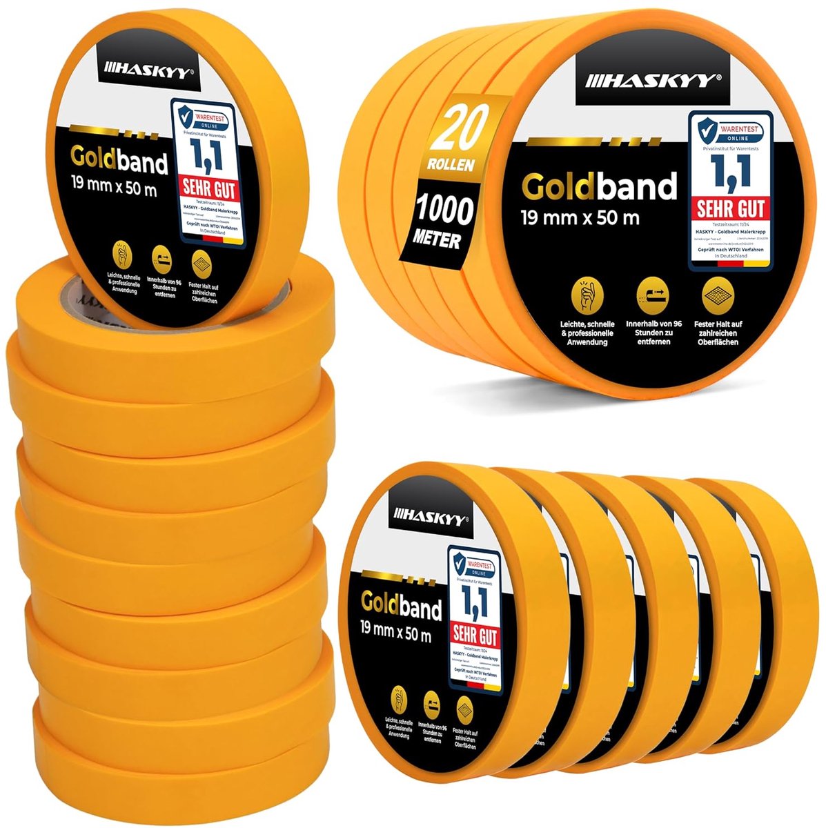 SnelShoppen - Masking Tape 20 Rollen 19mm x 50m voor Schilders en Doe-Het-Zelvers - Multifunctioneel, Sterk Hechtende Tape met Scherpe Rand - Residuvr