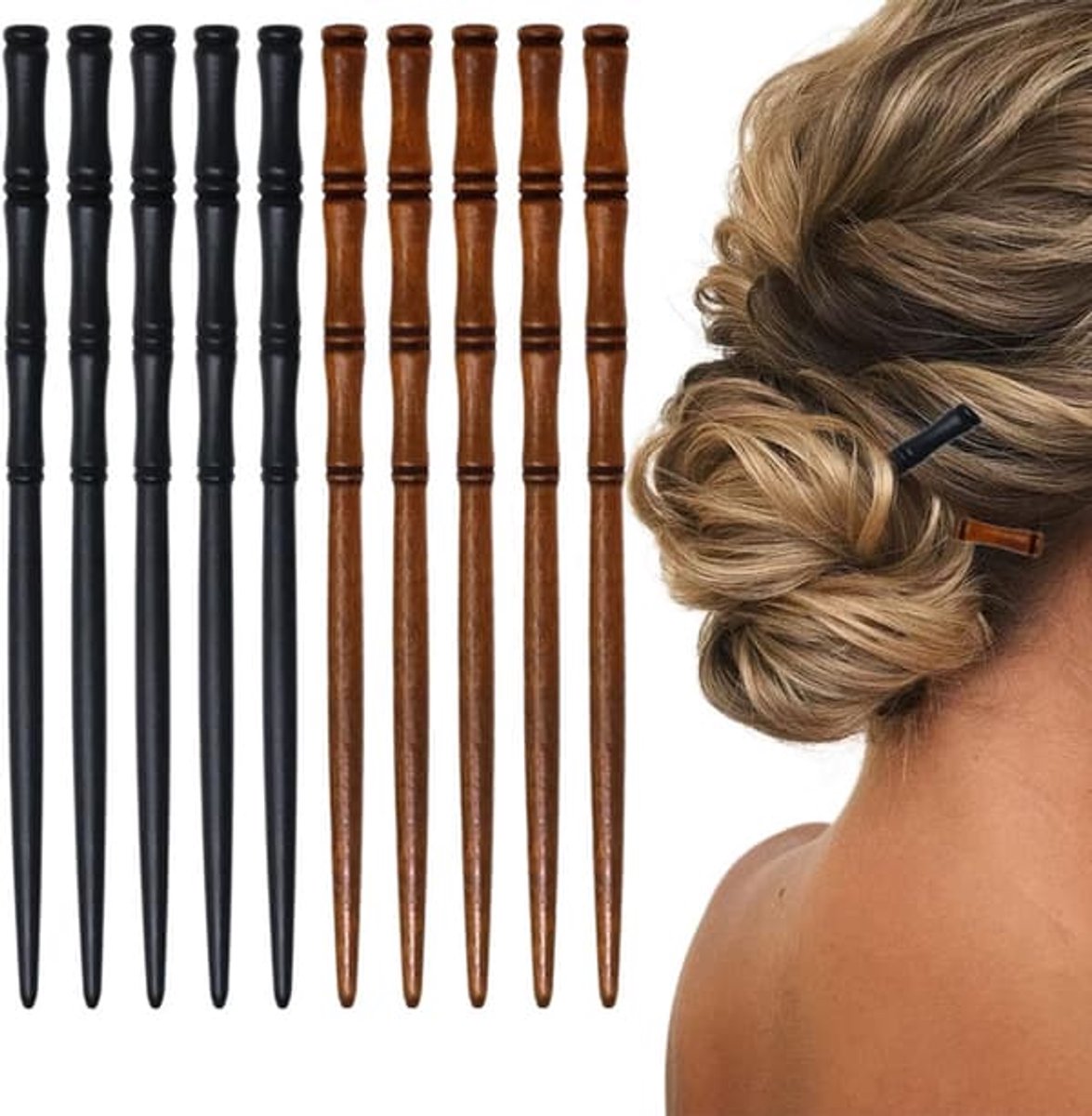 10 bamboevormige houten haarspelden/haarclips, dameshaarclips van hout, gebruikt om haarknotjes vast te zetten.