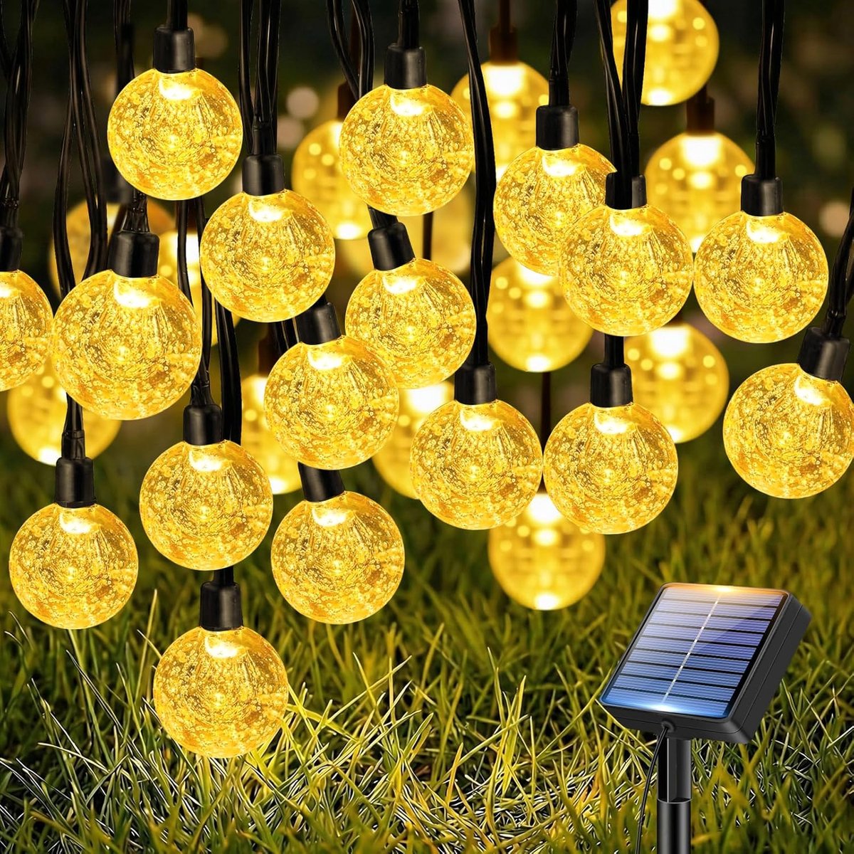 SnelShoppen - 15 Meter Buitenkettingverlichting met Kristallen Ballen, 50 LEDs, Zonne-energie Fairy Lights, Waterdicht voor Tuin, Warm Wit, Feesten en