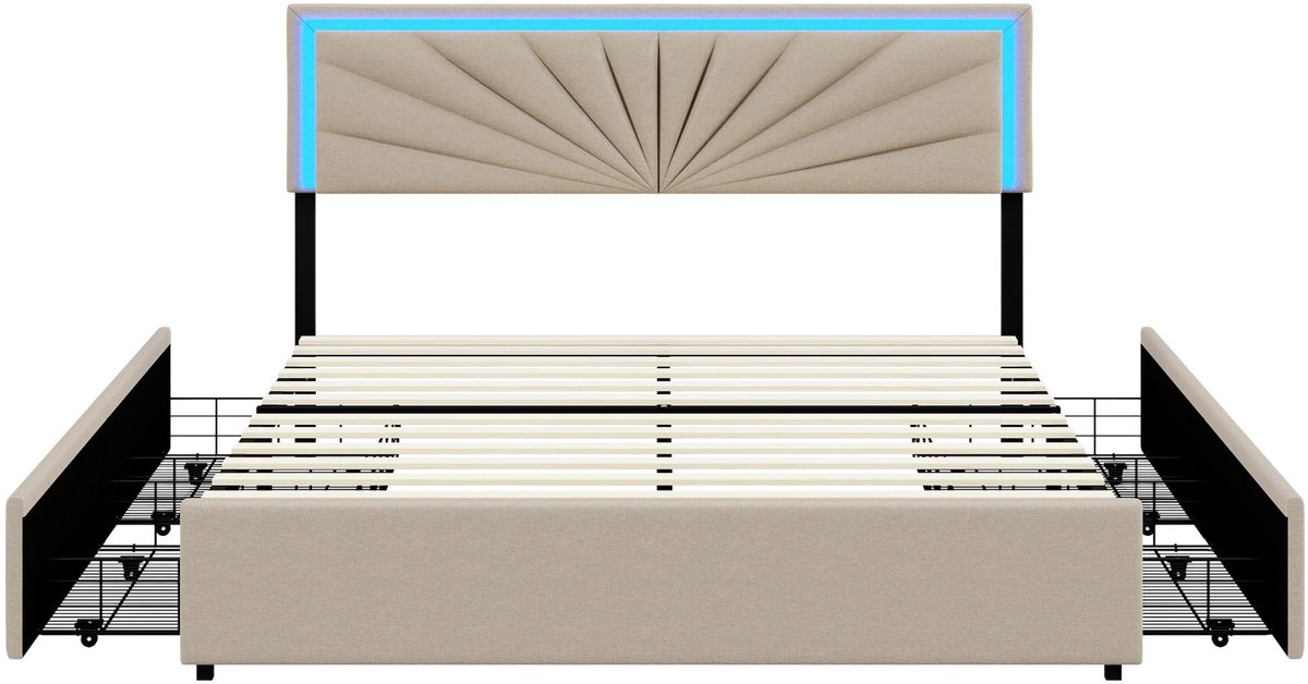 Happiq Opbergbed 160x200 cm Beige - met LED Verlichting, Opbergruimte, Hoofdbord