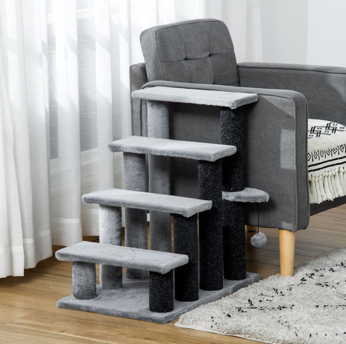 REDOM - Kattentrap - 4 niveaus met platform en speelbal - Pluche bekleding en sisal krabpalen - Voor naast bed of bank - Grijs - 64 x 60 x 40 cm