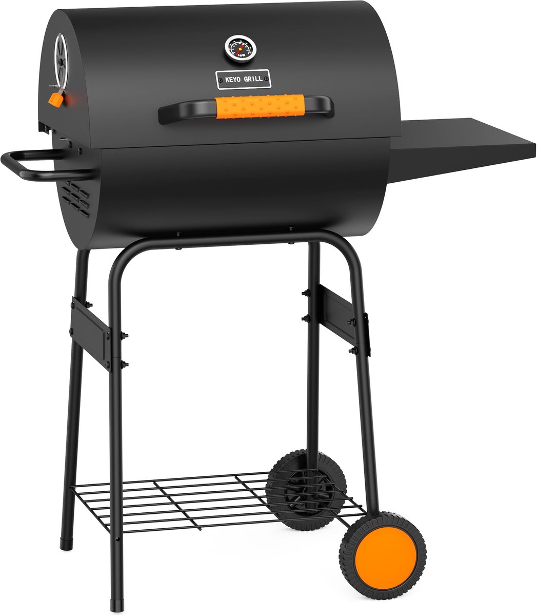 SnelShoppen - Houtskoolbarbecue op Wielen met Thermometer, Zwarte Barrel Grill met Oranje Details en Zijplank voor Tuin, Camping en Feest
