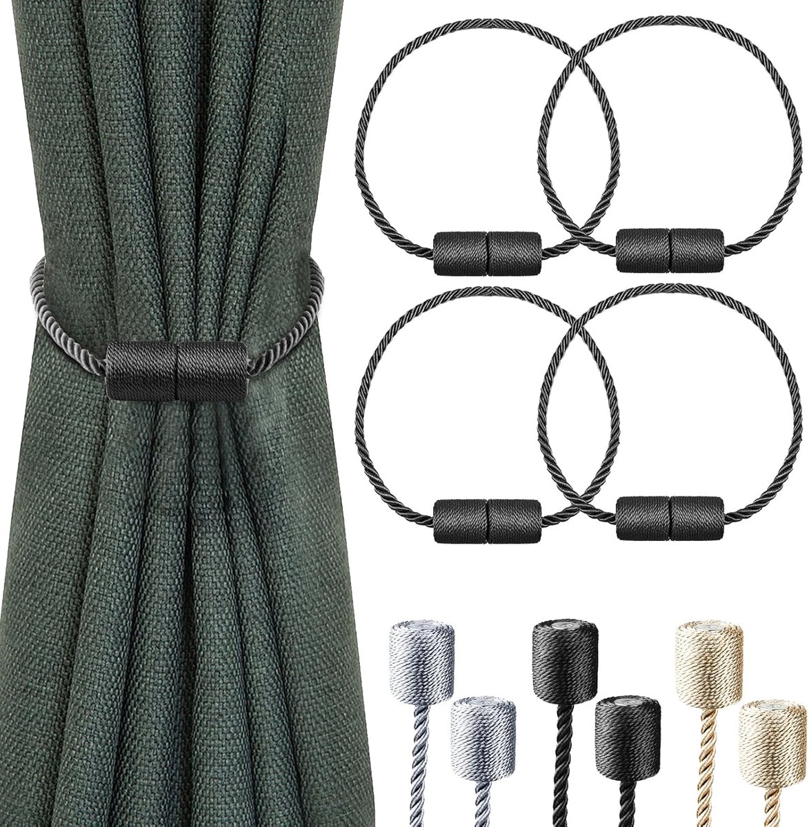 SnelShoppen - Sterke Magnetische Gordijn Tiebacks, Set van 4 met Dikkere Decoratieve Gordijnhouders voor Raamgordijnen, Zwart, Duurzaam en Elegant