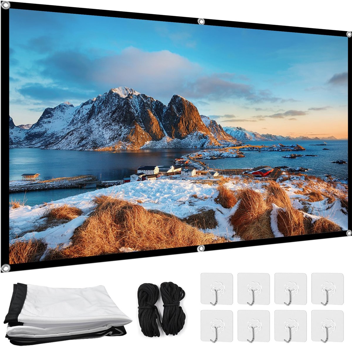 SnelShoppen - 100 inch projectorscherm 16:9 HD opvouwbaar kreukvrij projectiescherm met haken en touwen voor binnen en buiten, ideaal voor thuisbiosco