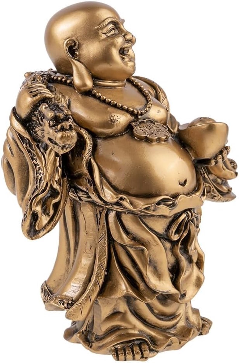 lachineuse - Lachende Boeddha beeldje - Feng Shui Fortune - Boeddhistische tradities - Geluksbrenger, Rijkdom & Fortuin - Gouden Hars Standbeeld 15,5 cm - Decoratief Idee & Cadeau China, Azië