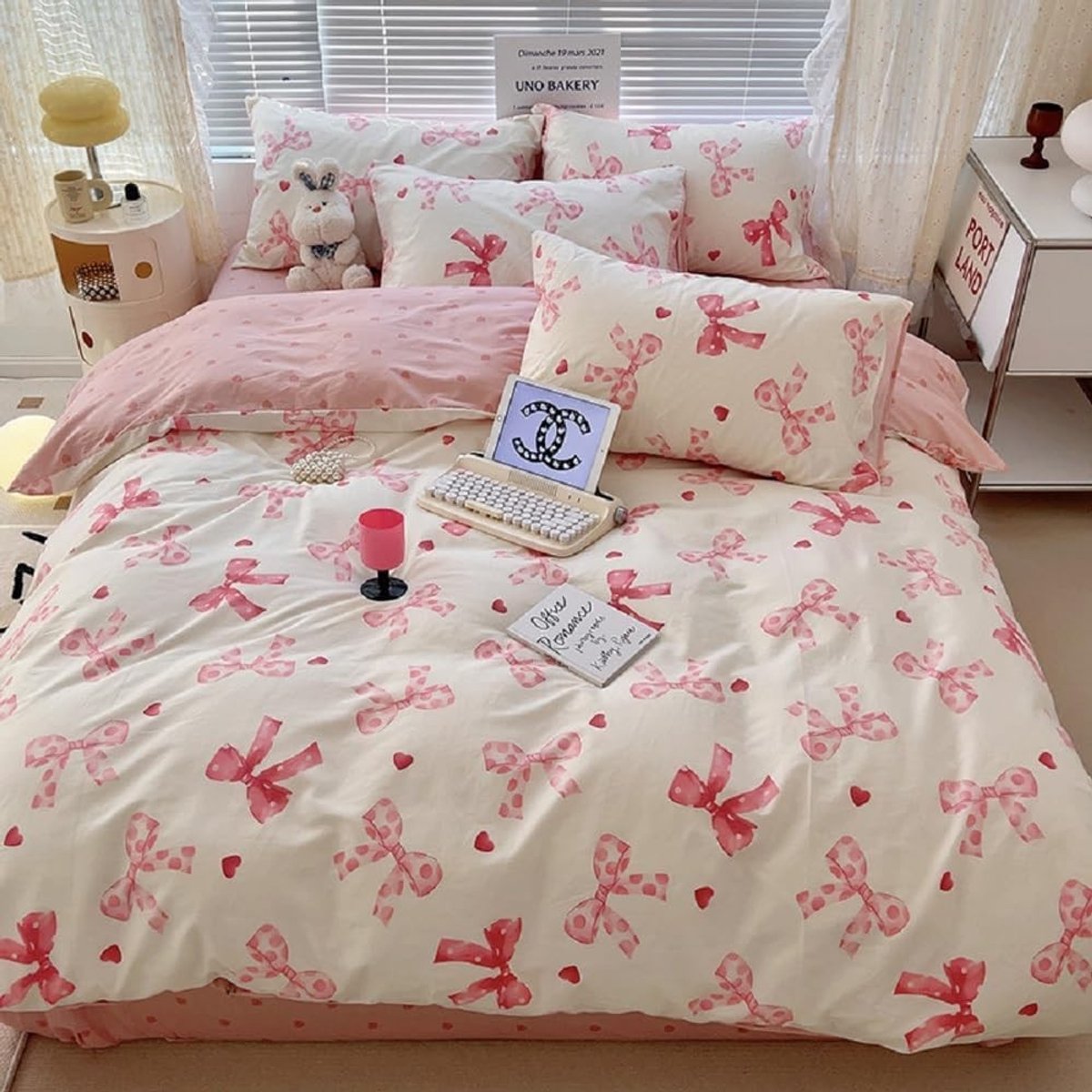 Duvet Cover Set 135 x 200 voor Meisjes in Roze met Strikken - Kinderbedlinnen van Microvezel met Hartjes - Omkeerbare Dekbedovertrek met Rits en 1 Kussenhoes