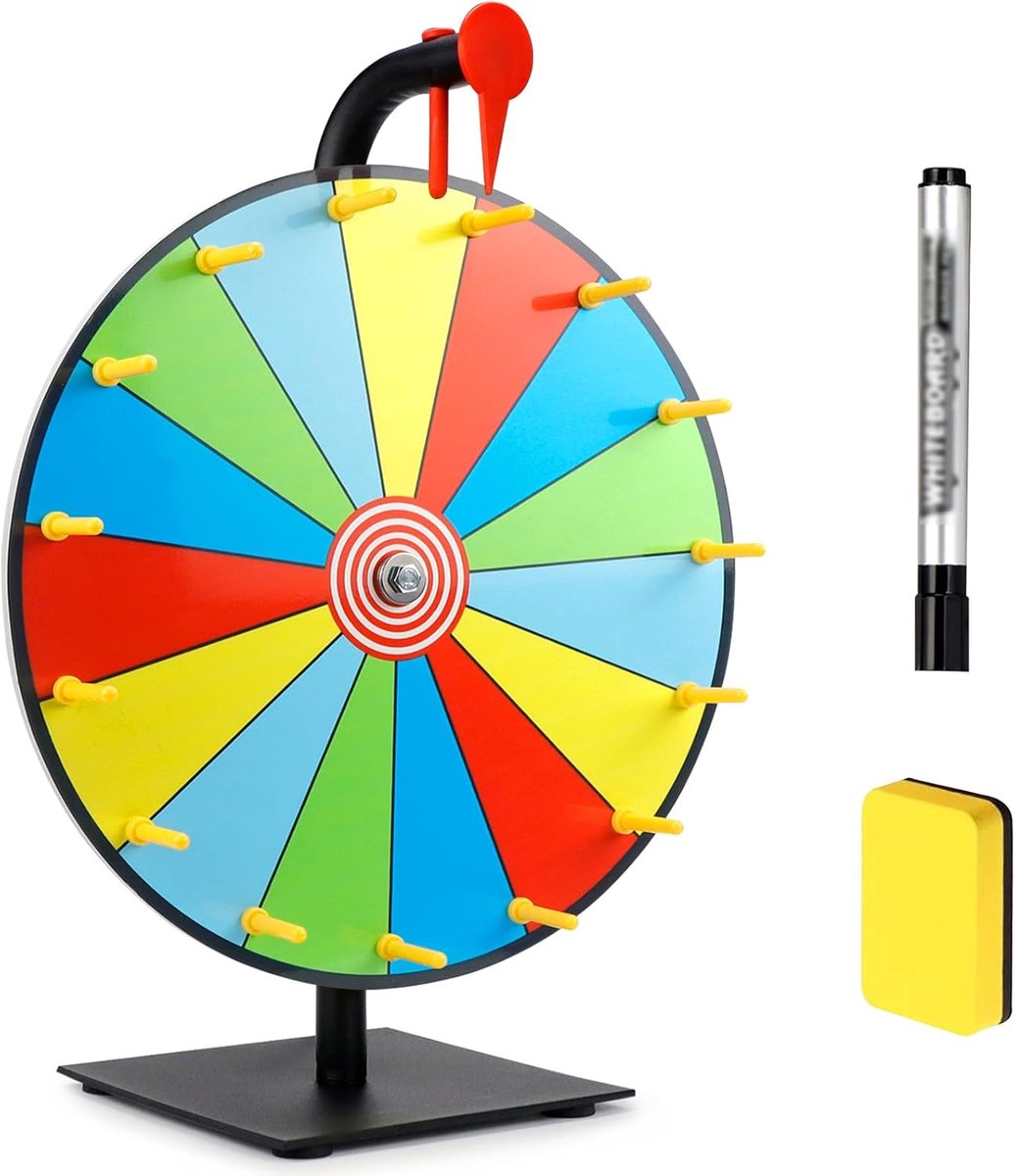 30 cm Geluksrad Prijzenwiel Draaiend 15 Slots met Droog Wisbare en Markeerstiften voor Carnaval Commerciële Salon Beurzen