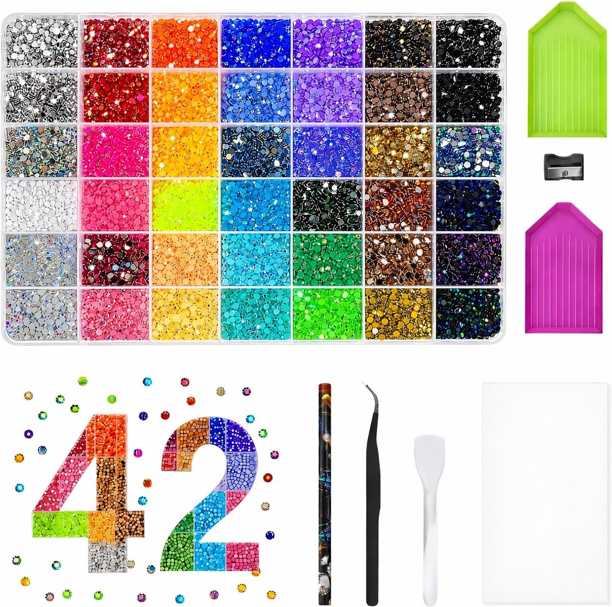 Bedazzling Kit, 42 Kleuren, 3mm Strass voor Bedazzling | Inclusief puntenslijper, dienbladen, lepel, krijt en pincet, geschikt voor nagelkunst, handwerk, kleding