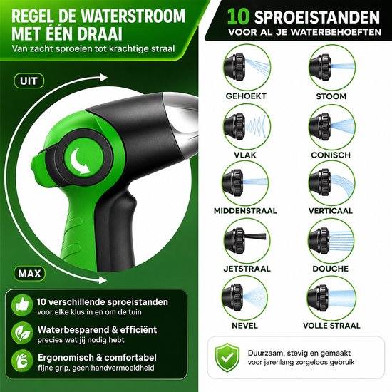 Sproeikop met 10 standen voor de tuinslang, van zacht sproeien tot krachtige straal.