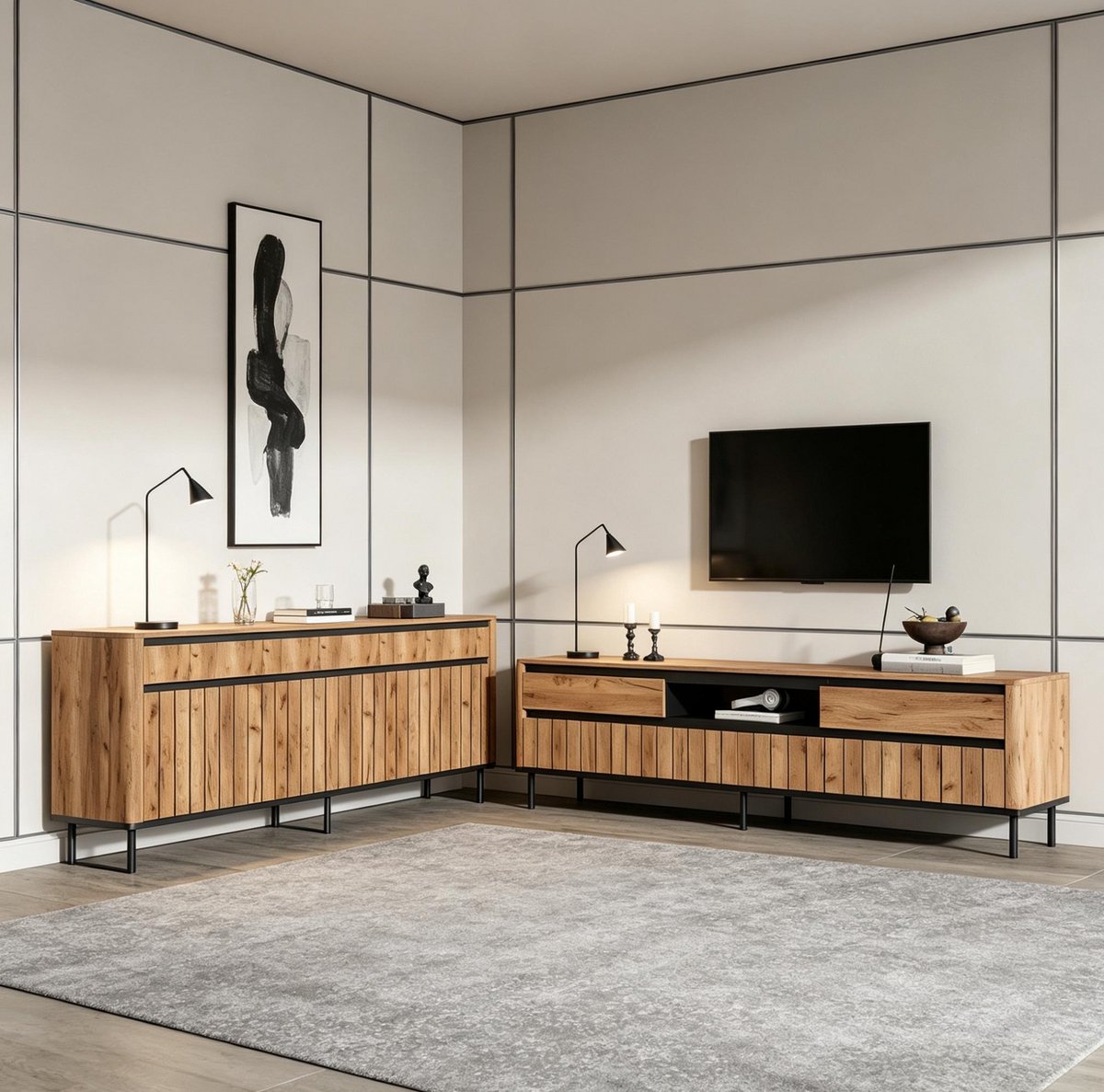 MIVRAY Dressoir En Tv Meubel Set - Open Opbergruimte Met Kabeldoorvoer - Voor Woonkamer En 75 Inch Tv - Hout En Metaal - Naturel Zwart
