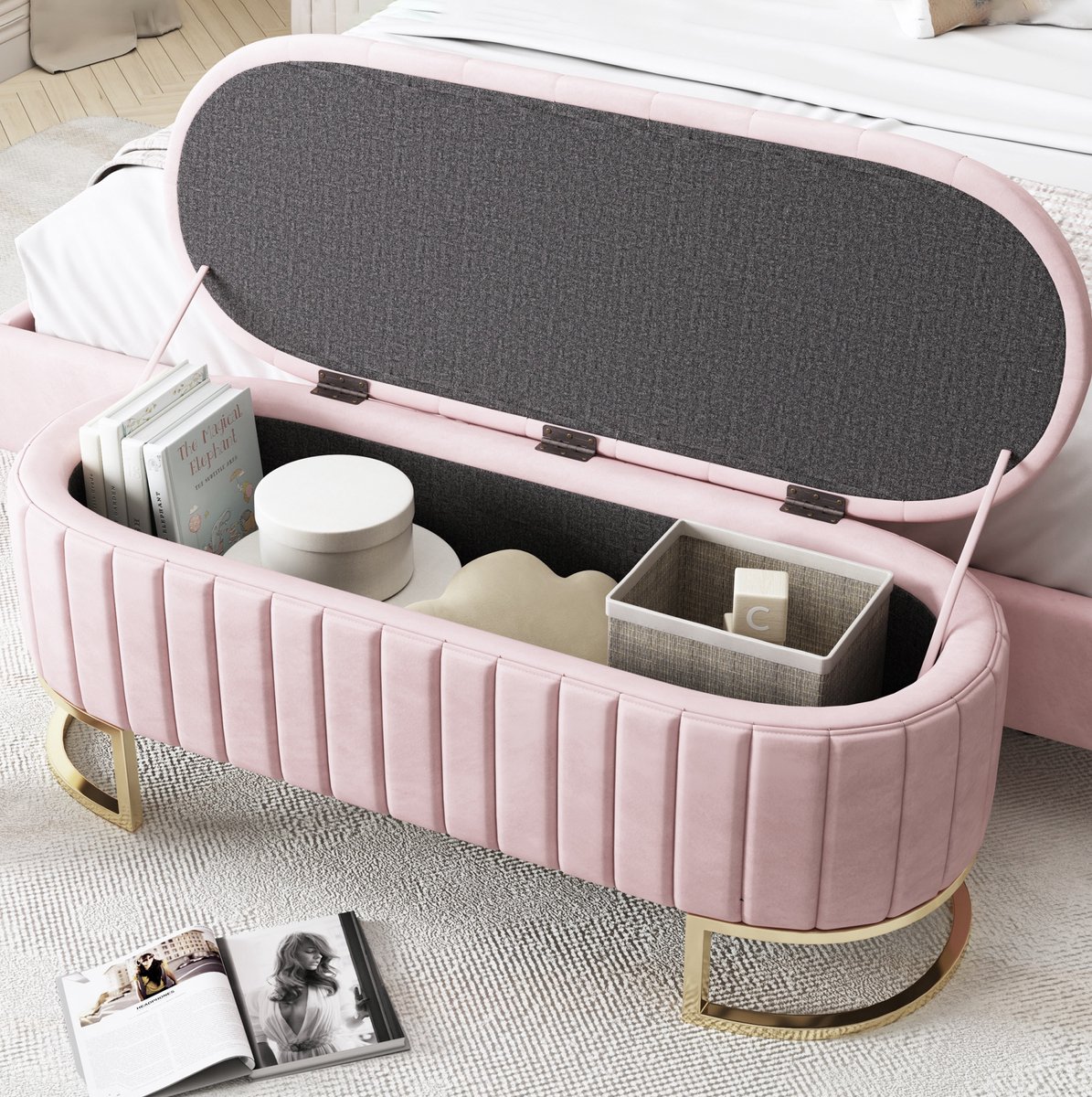 Opberghocker Met Stofbank - 120 cm - Fluweel - Roze - Metalen Poten - Met Opbergruimte Voor Woonkamer En Hal