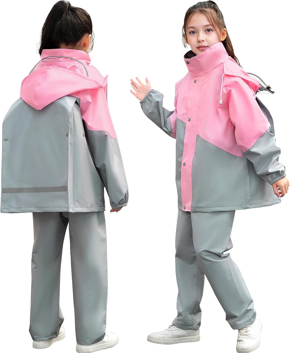 kinderregenpak unisex jongens meisjes regenjas met capuchon en regenbroek set, lichtgewicht winddichte waterdichte jas & broek pak, met reflecterende strepen voor kamperen wandelen, 8-14 jaar