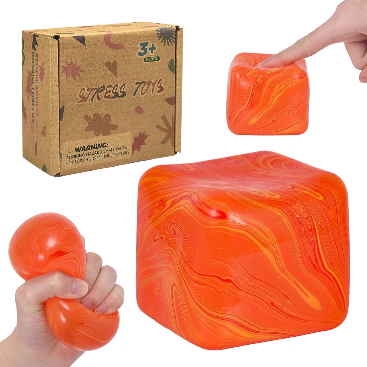 Swirl Ice Cube Sensory Stress Relief Toy for Autism, Large 2.76in Squishy Cube Squeeze Toy by Graphinza, Durable Squeeze Toys for Boys & Girls Age 3+ and Adults (Orang)