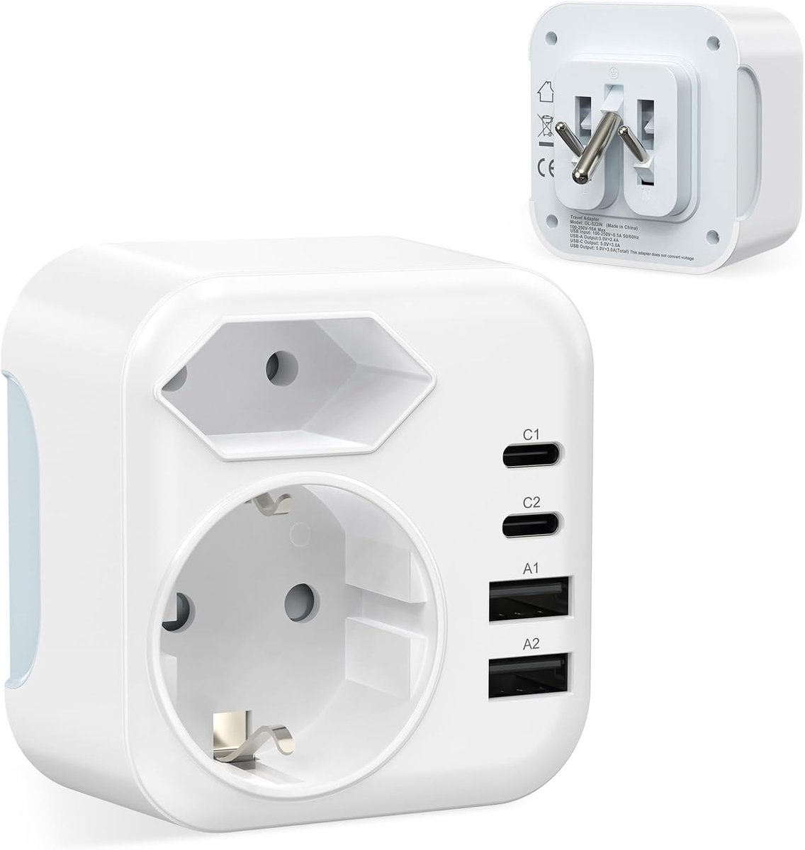 Zuid-Afrika, 6-in-1 adapter Zuid-Afrika, Duitsland naar Zuid-Afrika reisstekker adapter met 2 x USB C + 2 x USB A, stekkeradapter type M, voor Zuid-Afrika, Namibië