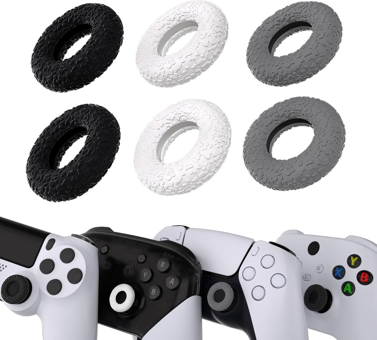 3 Paar Donut Design Silicone Thumb Grips Ringen voor ps5/ps4,Thumbsticks Rings voor Xbox One/Elite Series 2 Core/Xbox Series X S,Duimgrepen Ringen voor Switch Pro-Grijs & Zwart & Wit