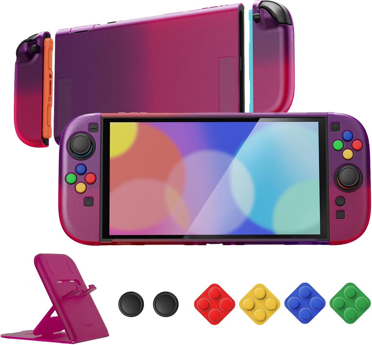 Clear Series Beschermhoes voor Nintendo Switch 2 2025, Anti-Kras Harde Schaal Dockbare Griphoes met Opvouwbare Stand & Duim Grips voor Switch 2 (Transparant Atomic Purple Roze Rood)