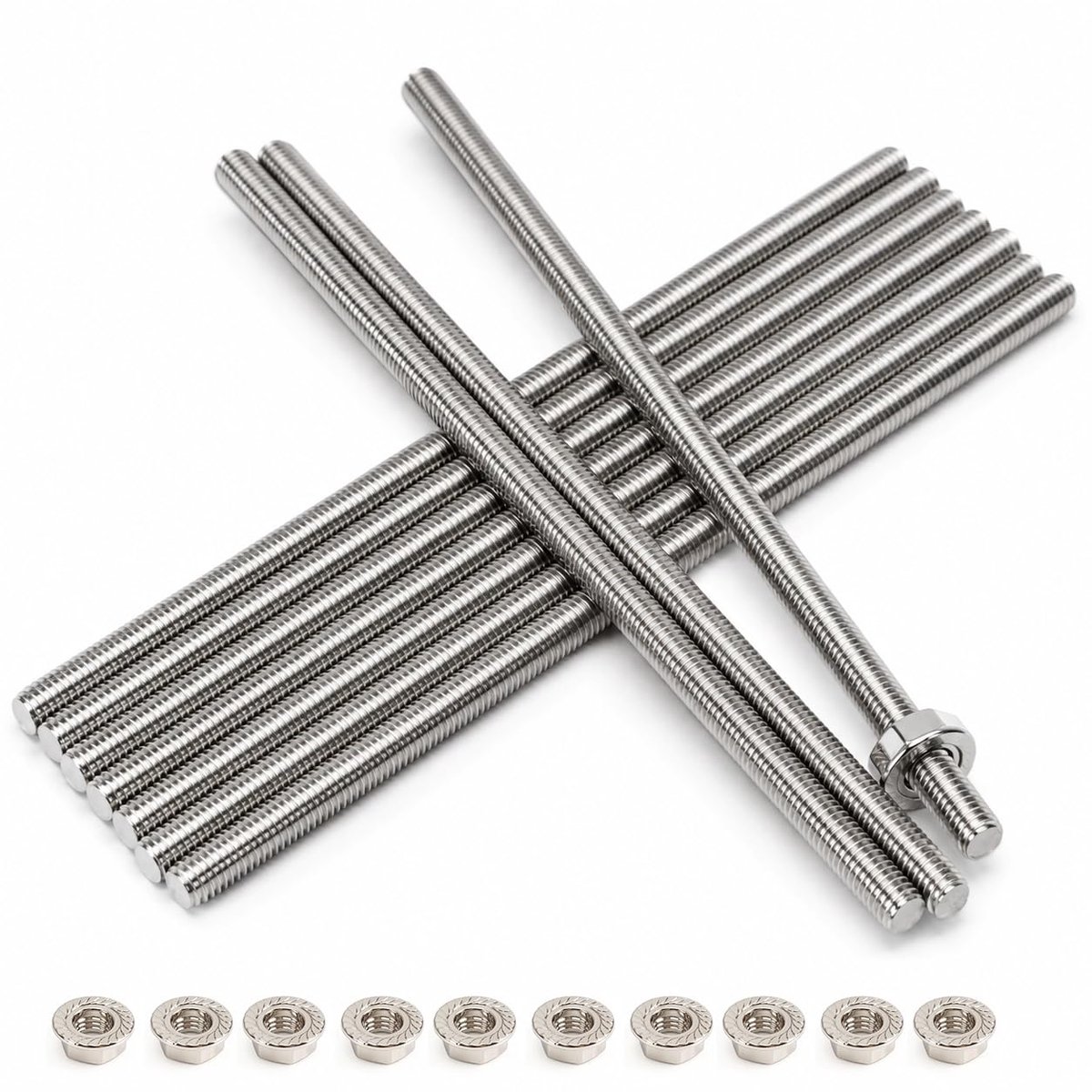10 stuks schroefdraadstang M6 x 200 mm | Roestvrij staal A2, roestvrij en corrosiebestendig, inclusief flensmoeren, perfect voor meubelbouw en machinebouw.