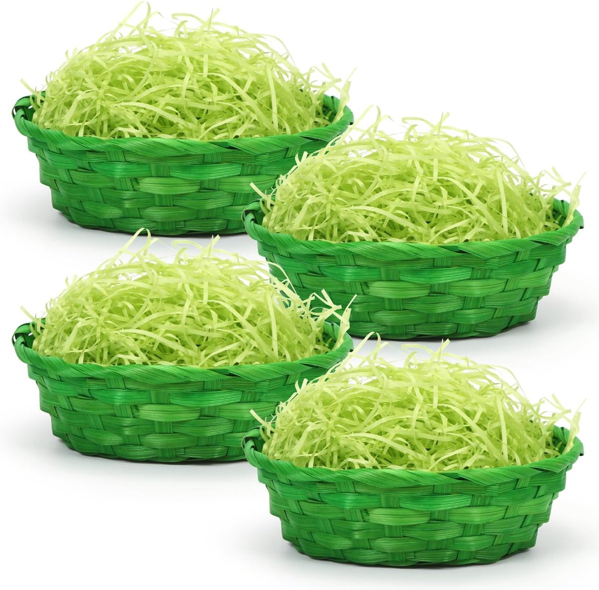 4 groene paasmanden met groen gras, paasmand met groen gras, knutselmand met paasgras, decoratie, decoratieve mand paasnest