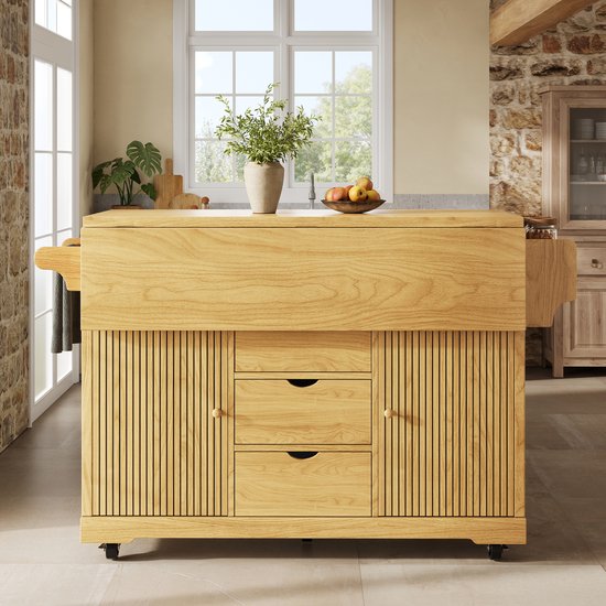 MIVRAY Keukeneiland - Verrijdbare Serveerwagen Met Uitklapbare Zijbladen En 3 Lades - Voor Keuken En Eetkamer - MDF En Metaal - Naturbruin — afbeelding 2