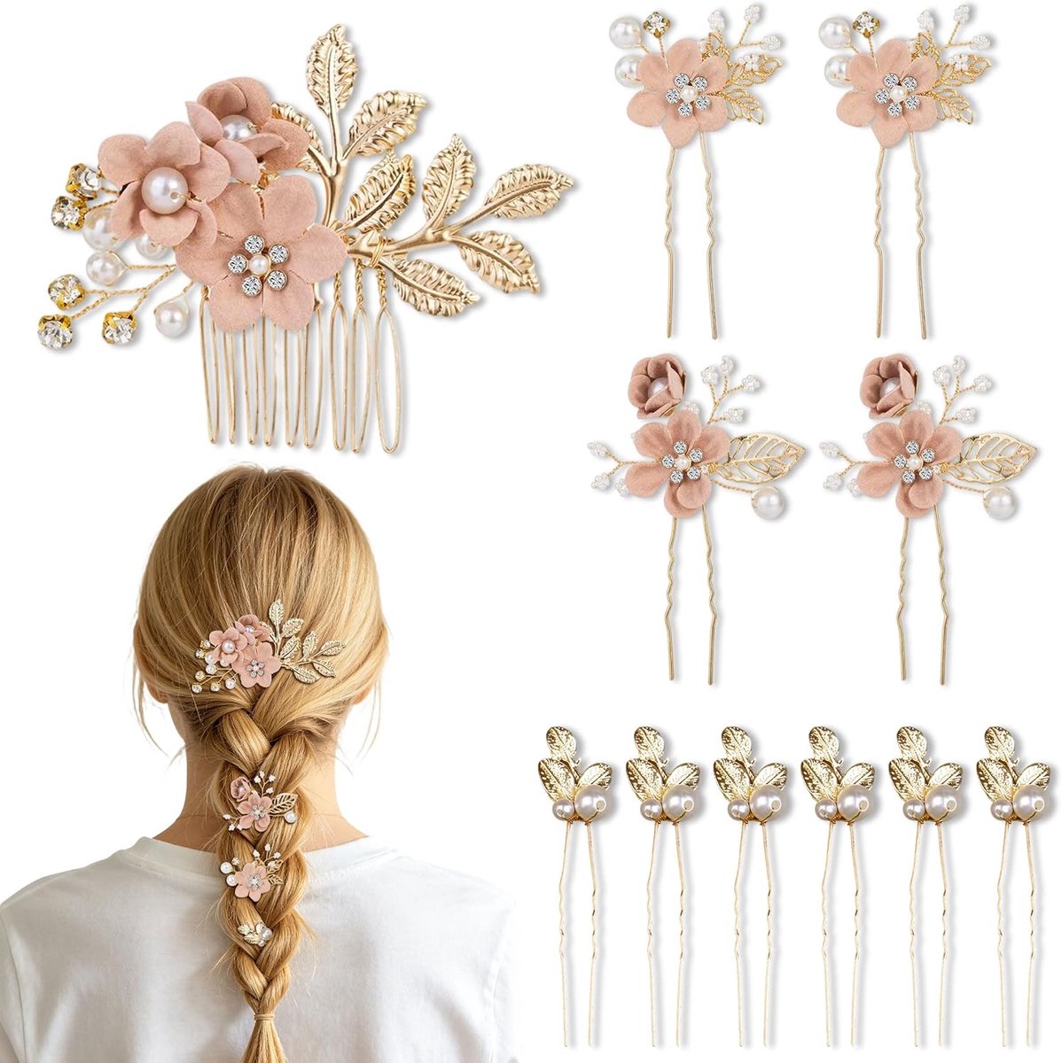 Haaraccessoires voor Bruiden, 11 Stuks Roze Bruiloft Haaraccessoires, Elegant Bloemen Parel Haarspelden voor Bruid U-vormige Haarspelden voor Dames Bruiloft Feest