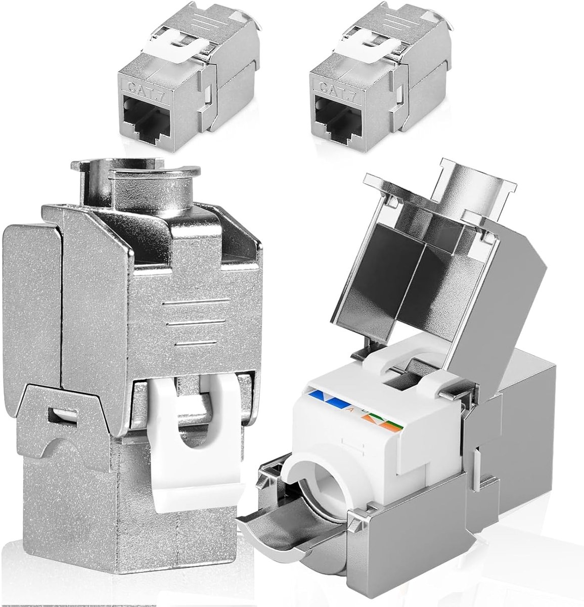 4 stuks CAT 7 Keystone RJ45 module socket voor LAN-kabel 10 Gbit/s tot 1000 MHz AWG 22-25 gereedschapsloos LSA volledig afgeschermde montage socket STP RJ45 snijpunt past op netwerksocket en