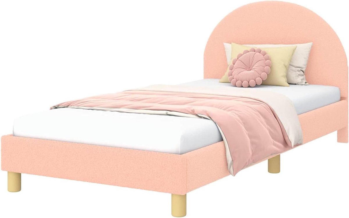 Kinderbedframe met Hoofdeinde - Bedframe Eenpersoons - Slaapkamer Inrichten - Schapenstof Bekleding - 90 x 200 cm - Roze