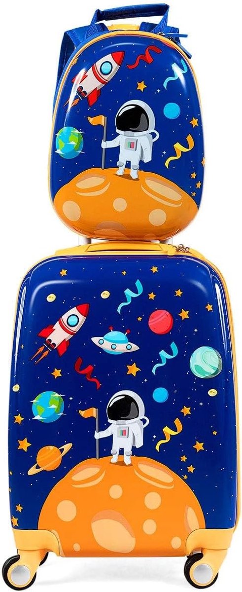2-delige kinderkoffer + rugzak, kindertrolley van kunststof, kinderbagage, handbagage, harde koffer voor jongens en meisjes, Astronauten, modern