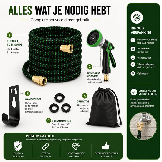 Complete tuinslang set: flexibele slang, sproeikop, wandhouder, adapters en opbergtas.