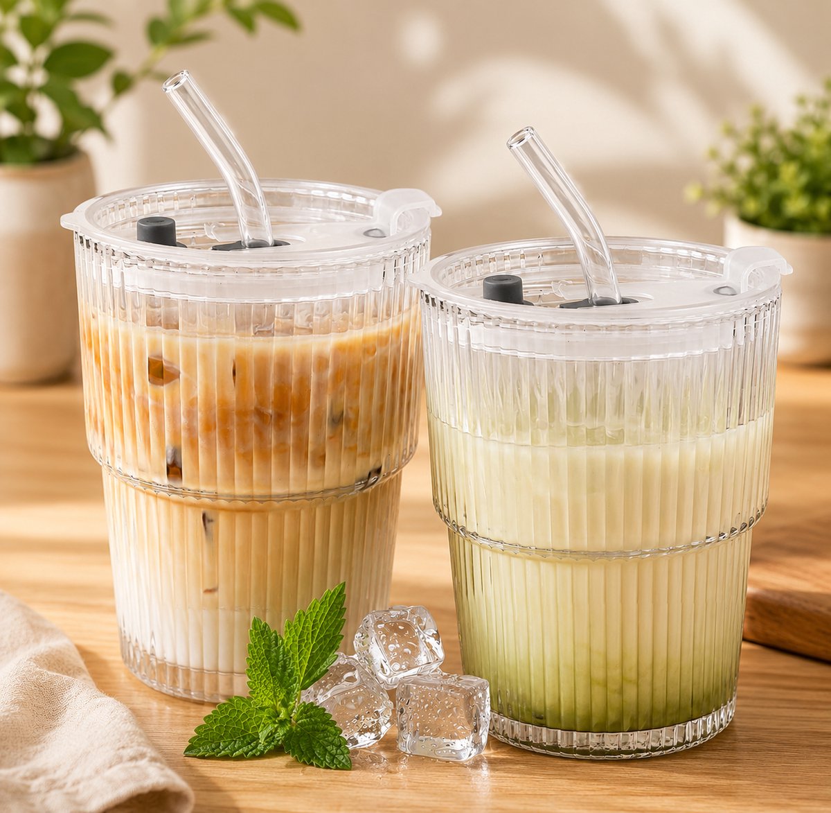 Set van 2 glazen bekers met deksel en rietje - 400 ml - Transparant - Verticale streep - Bamboe deksel