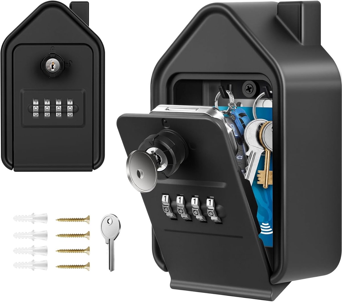 Sleutelkast – grote beveiligde buitensleutelkast met 4-cijferige code & noodsluitingen – aluminiumlegering muursleutelkast – voor thuis, garage, school, Airbnb (zwart).
