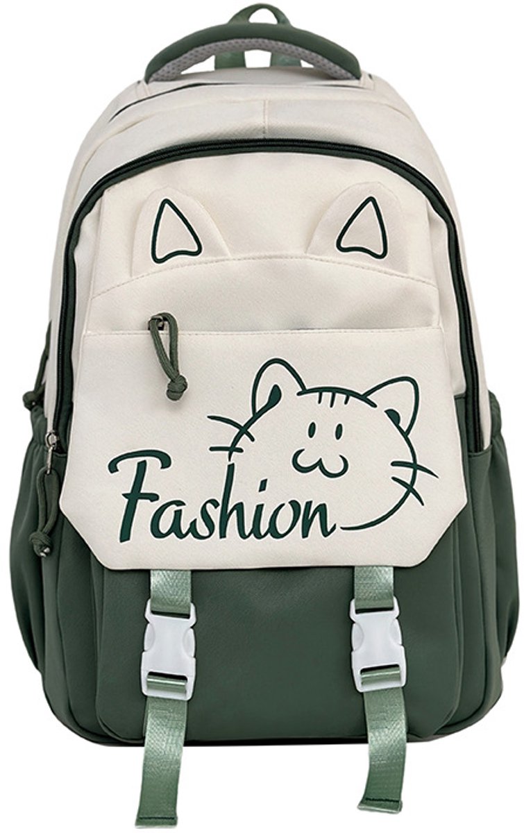Rugzak met kattenprint en pluche bedeltje, duurzame tas met meerdere vakken voor dagelijks gebruik en op reis, ideaal als cadeau voor de start van het schooljaar (groen).