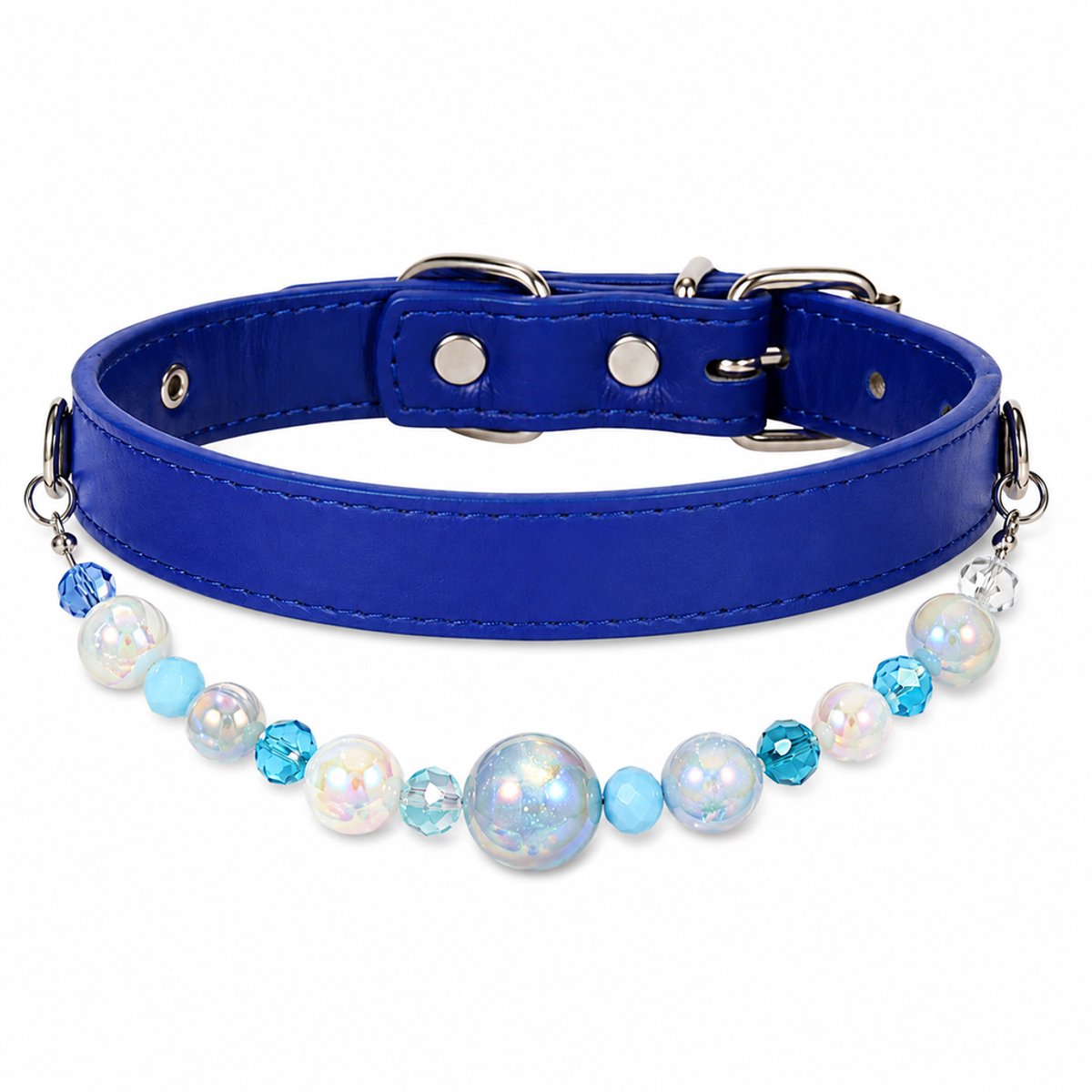 Ryoudavell - Hondenhalsband met Parels - Verstelbare Leren Hondenketting voor Kleine en Middelgrote Honden - Huisdier Accessoires & Verzorging - Honden Sieraad - Blauw(L)