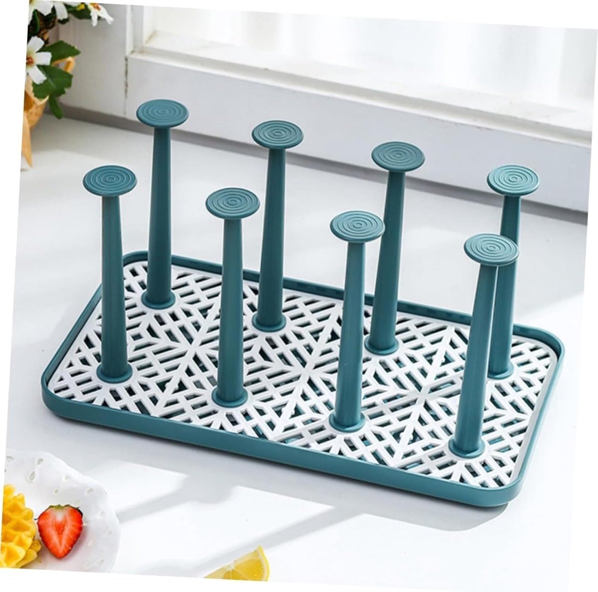 Dubbele laags bekerafdruiprek met 8 steunen voor glazen en babyflessen, uitneembare wateropvangbak, modern keuken droogrek in groen-wit design