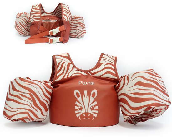 Bruin zwemvest met zebraprint mouwen en zebra-opdruk. Een kleiner zwemvest is zichtbaar in de hoek.