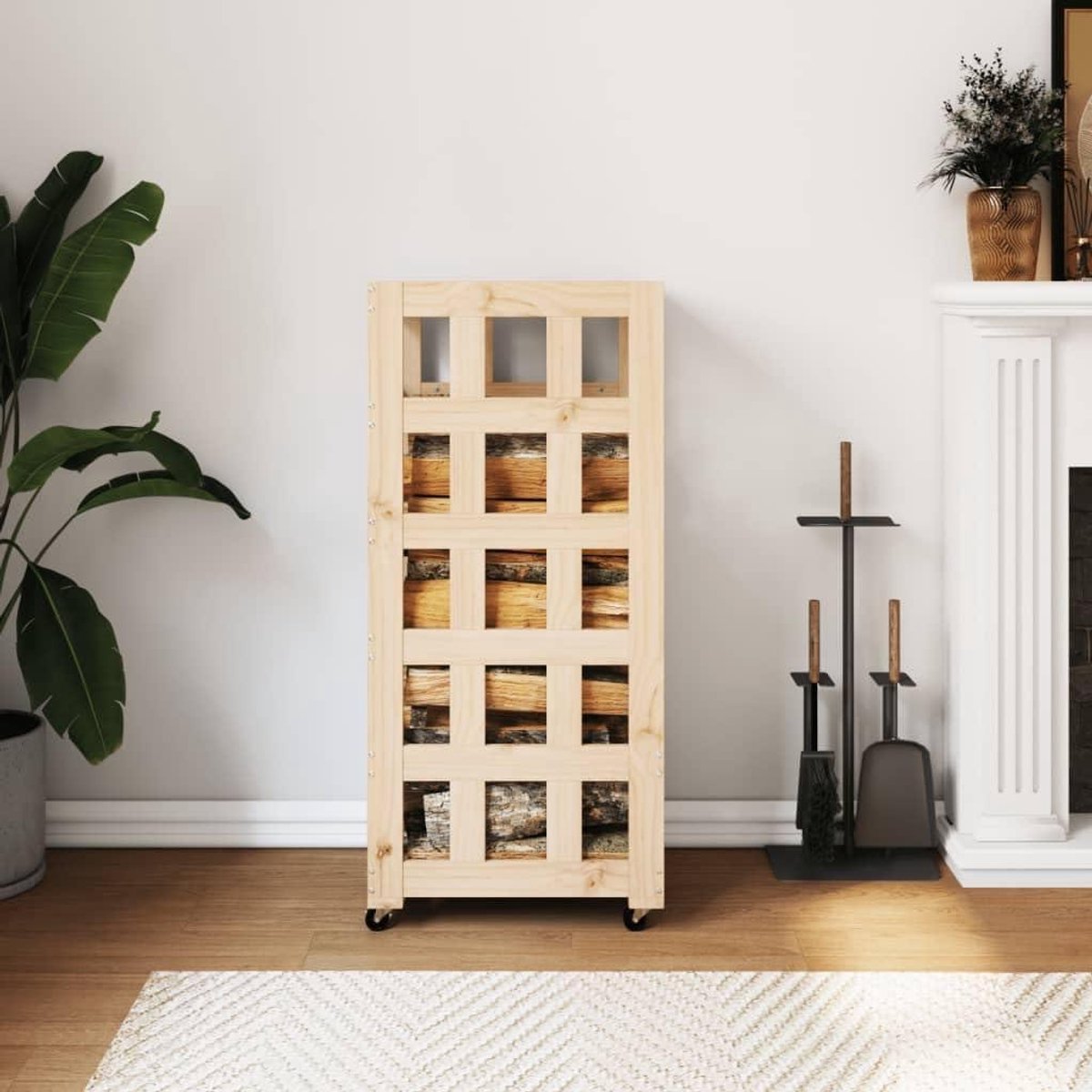 Houtrek met Wielen - Brandhout Opslag - Haardhout Opslaan - Houdt Hout Droog - 40x49x110cm - Houtkleur
