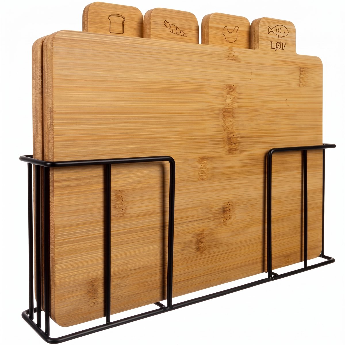 Bamboe Snijplankenset 4-delig met Houder - Snijplanken voor Vlees, Vis, Groente en Brood - Voedselveilig - 28 x 20 cm