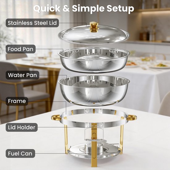 WARMOUNTS Chafing Dish Set 2 Stuks Goud – RVS Warmhoudbakken met Deksel – 2× 7,6L Buffet Schaal – Catering, Feest & Bruiloft — afbeelding 3