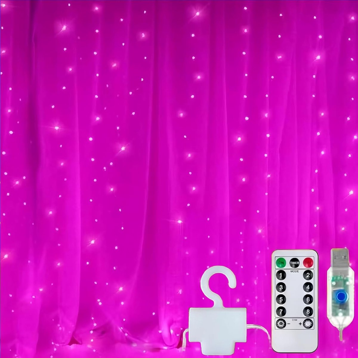 SnelShoppen - 3 x 3 Gordijn String Lichten, 300 LED's, Roze, 8 Modi, Hanglampen met Afstandsbediening en Timer, USB Besturing, Waterdicht voor Binnen
