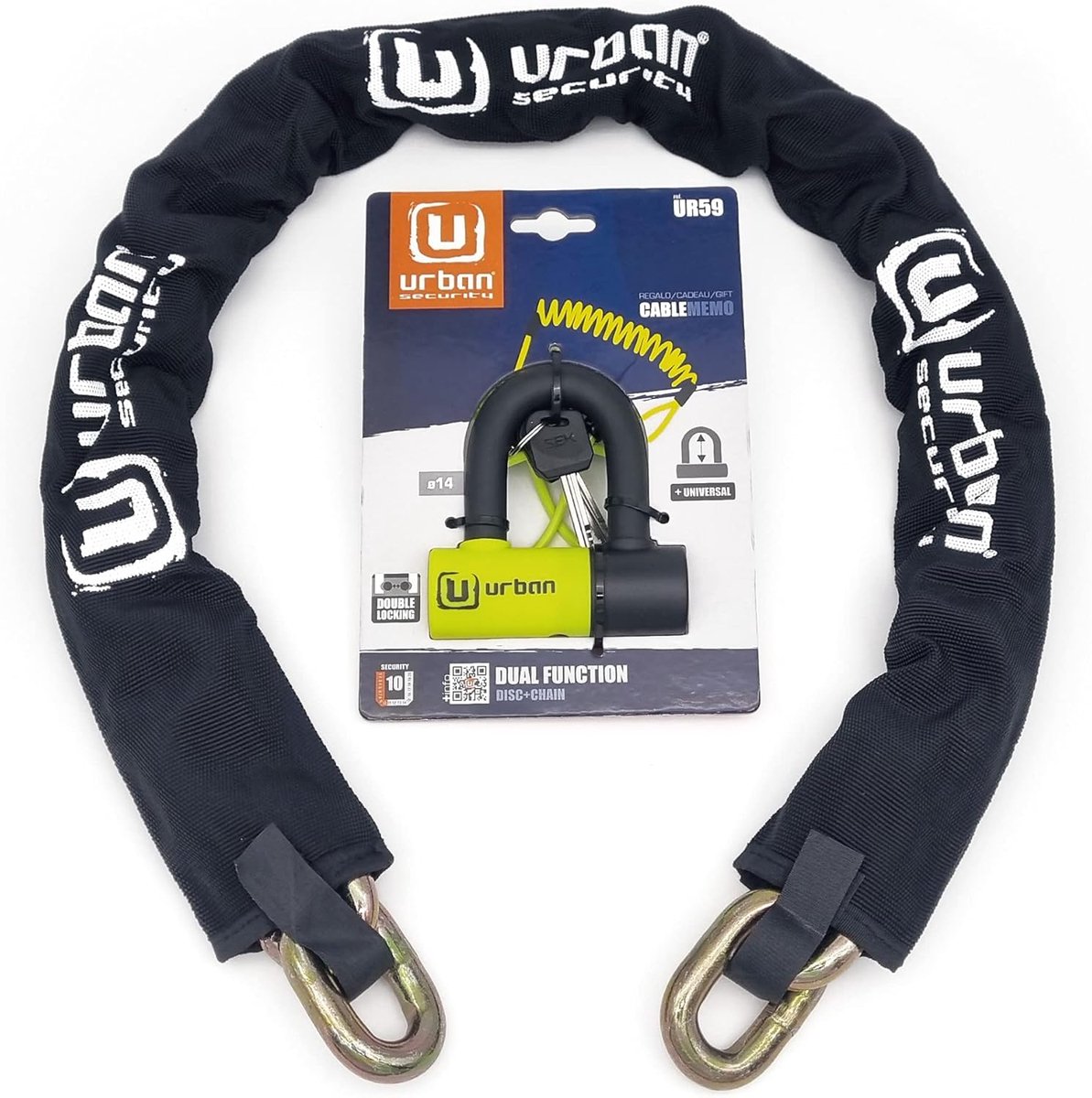 SnelShoppen - Anti-Diefstal Ketting 13,5 mm met Mini U-slot van 14 mm, 150 cm, Versterkt Staal, Zwart/Geel, Voor Fietsen en Motoren