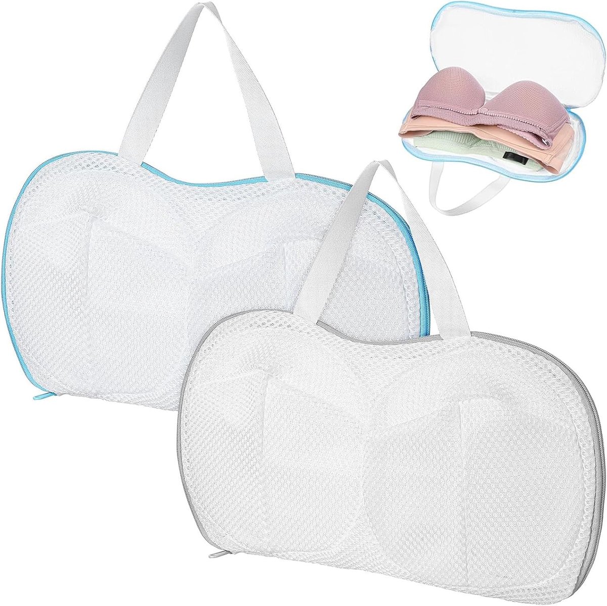 Waszakken voor beha's en ondergoed - 2 stuks, net voor de wasmachine, 30 x 15 cm, ideaal voor delicate kleding en wasbescherming, grijs en blauw
