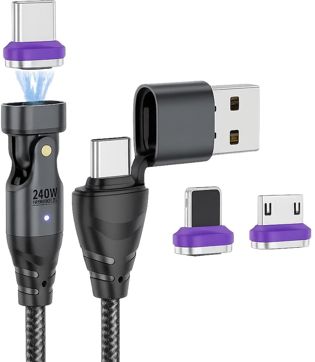 240 W 16-pins USB-C magnetische oplaadkabel, 1,8 m, draaibare adapter voor iPhone 16/15, MacBook Pro en andere type C-apparaten