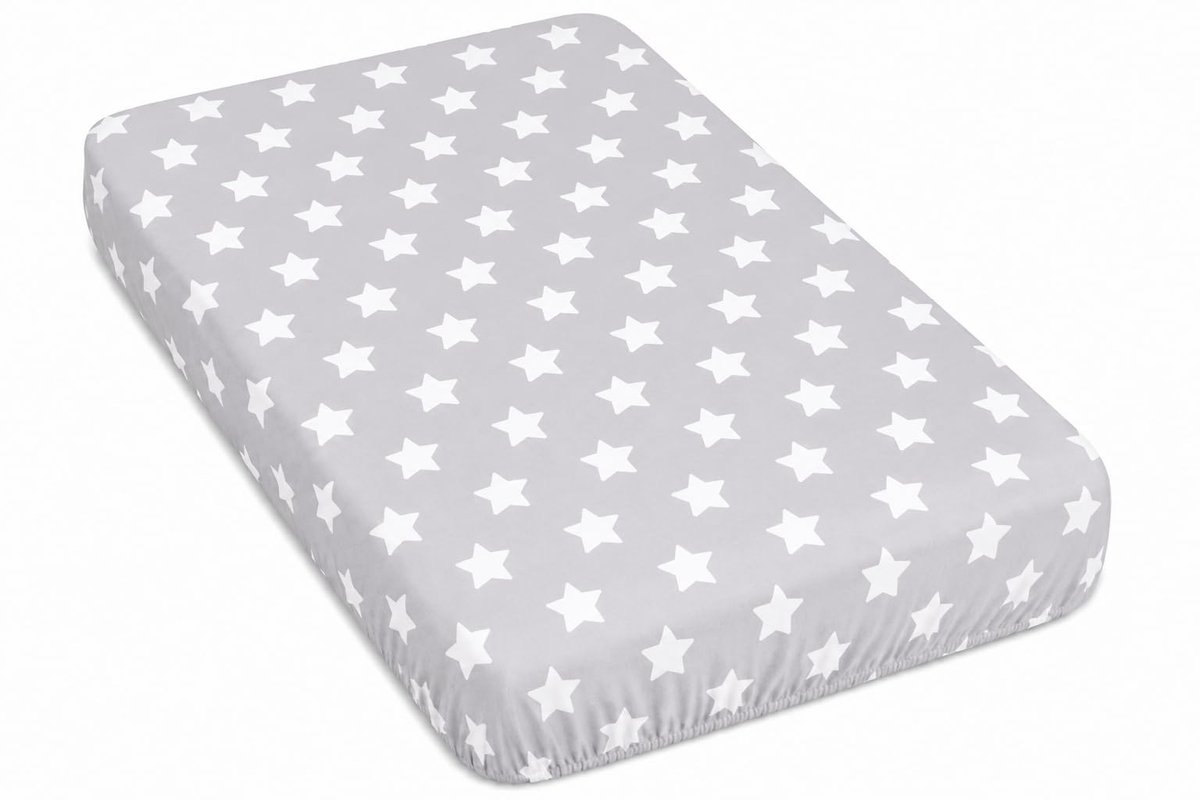 SnelShoppen - Babymam 100% Katoenen Bedlakens 120 x 60 cm met Grote Witte Sterren op Grijze Achtergrond, Kinderbedje Beddengoed, Peuterbed, Reislaken,