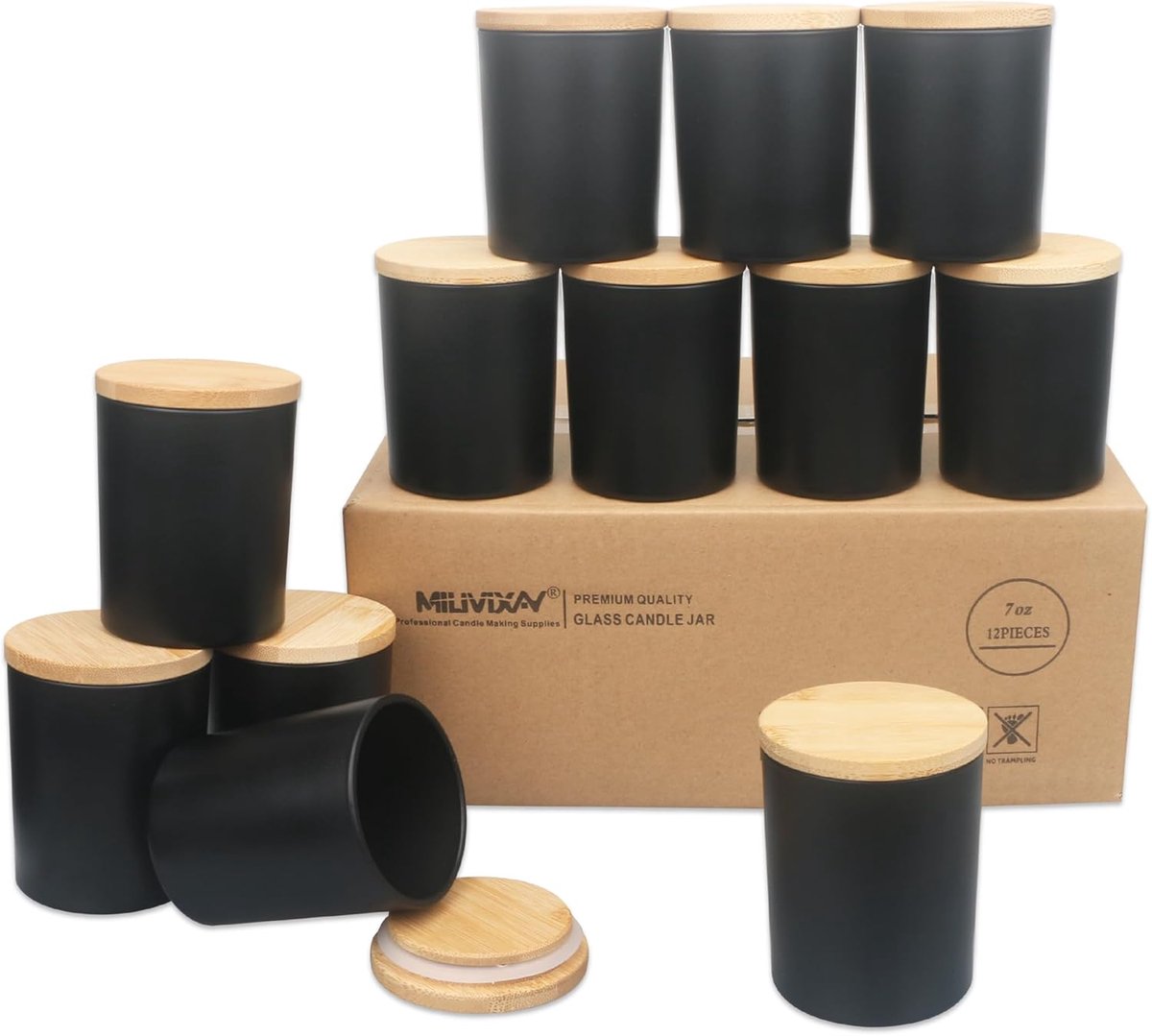 SnelShoppen - 12 Pack 206ml Matte Zwarte Dikke Glazen Kaarsenpotten met Lids - Lege Kaarsenpotten voor Kaarsen Maken, Kruidcontainers, Decoratie, 7 oz