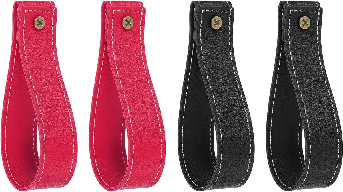 SnelShoppen - Set van 4 Leren Gordijnroede Beugels, 12 cm Wandbeugels voor Gordijnen, Stevige Haak Beugels met Schroeven, Zwart/Roze Rood voor Thuis,