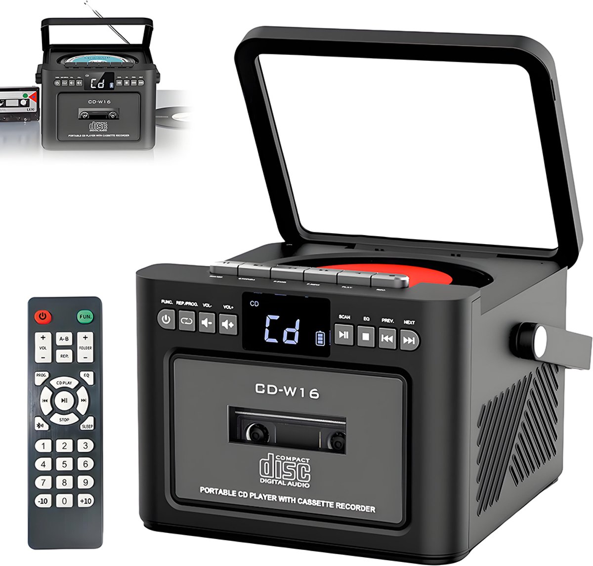 Bluetooth-luidspreker - Met FM-radio en Bluetooth - Draagbare cd-speler - Retro-stijl - Type-C-kabel - Dubbele stereoluidsprekers - Afstandsbediening - Geschikt voor thuis, op reis, buitenshuis en thuisentertainment - Zwart