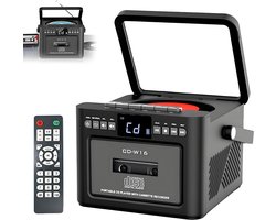 Haut-parleur Bluetooth - Avec radio FM et Bluetooth - Lecteur CD portable - Style rétro - Câble Type-C - Doubles haut-parleurs stéréo - Télécommande - Convient pour la maison, les voyages, l'extérieur et le divertissement à domicile - Noir